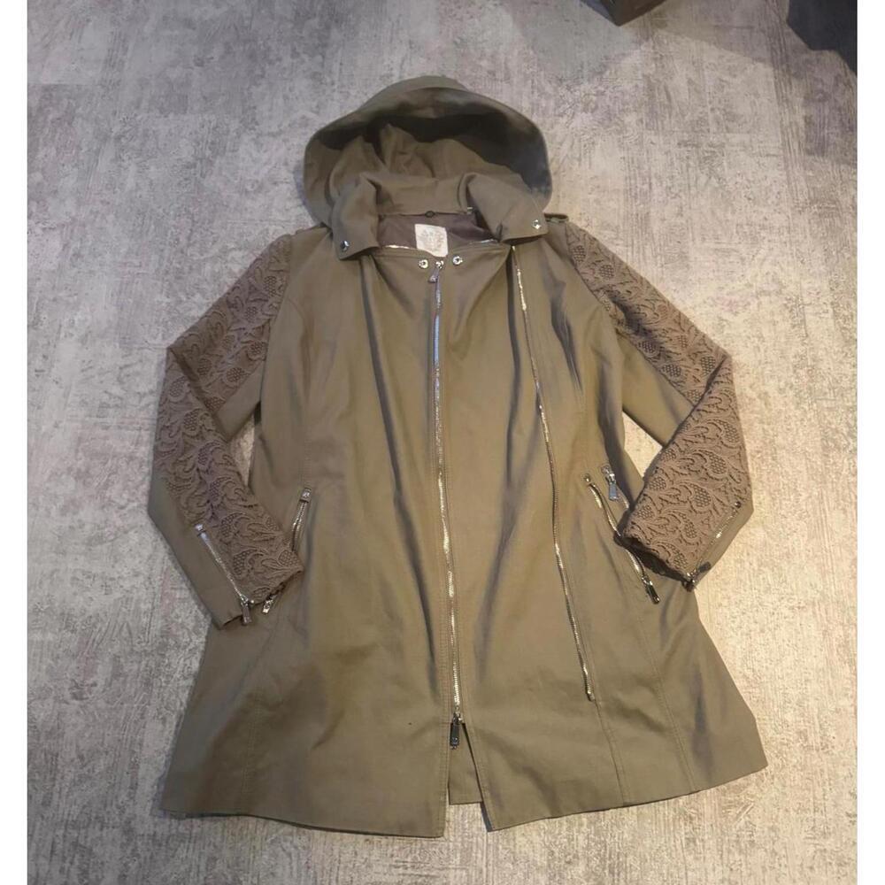 Dawn Levy Women's Olive Green Hooded Coat with Lace Sleeves, Size L